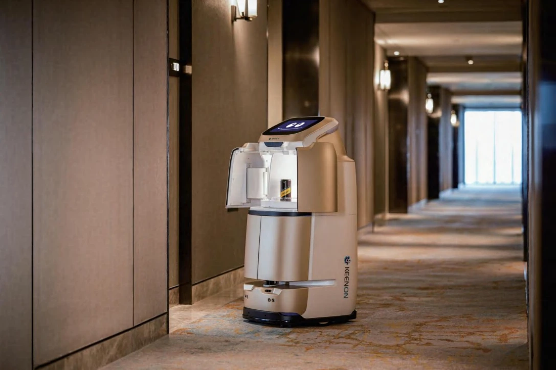 Keenon Butlerbot W3 realizando una entrega en un pasillo de hotel