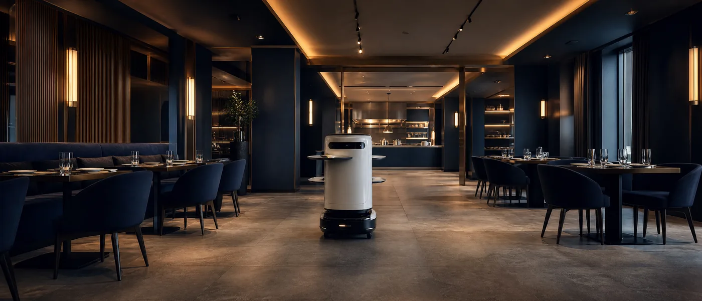 Robot de bandejas y equipo de sala en un restaurante