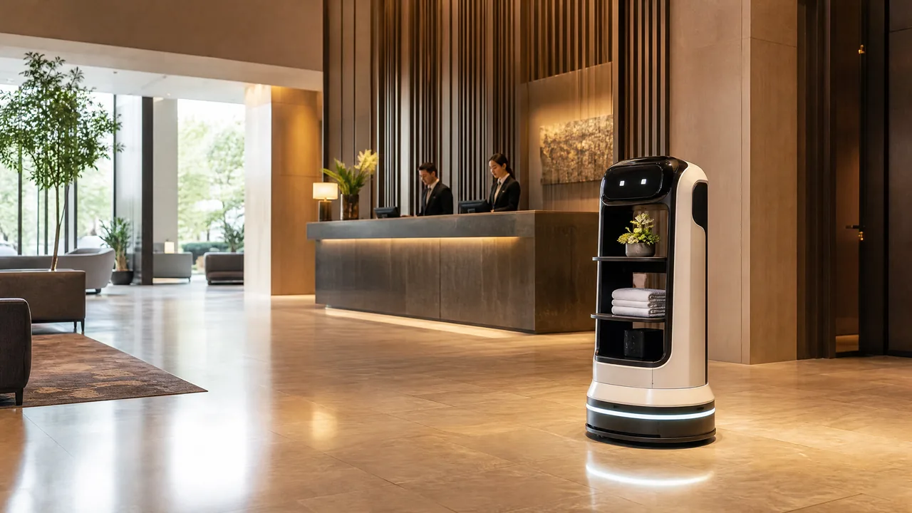 Evolución visual de robots de servicio en un atrio hotelero