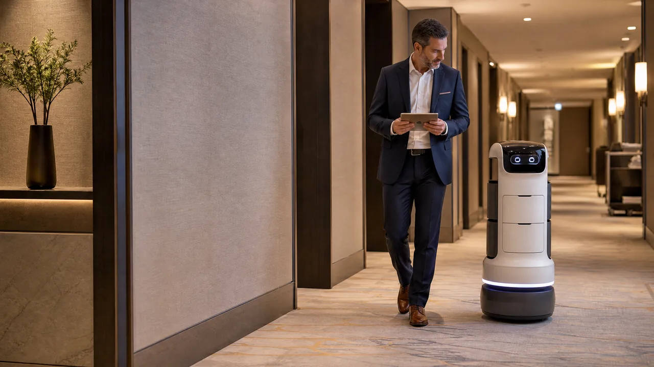 Robot de room service en operación hotelera