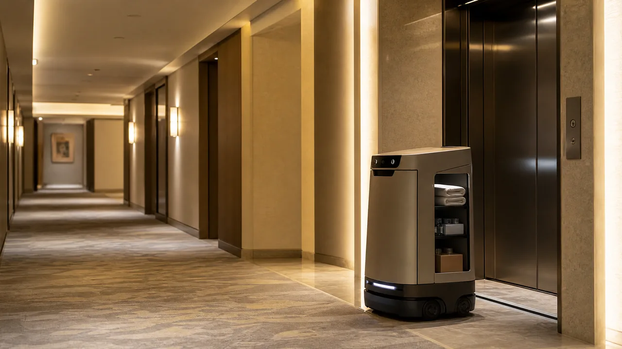 Robot de room service en operación hotelera