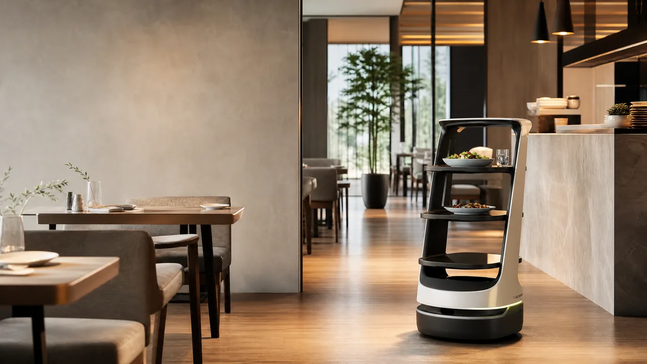 Robot camarero en diferentes zonas de servicio de un restaurante
