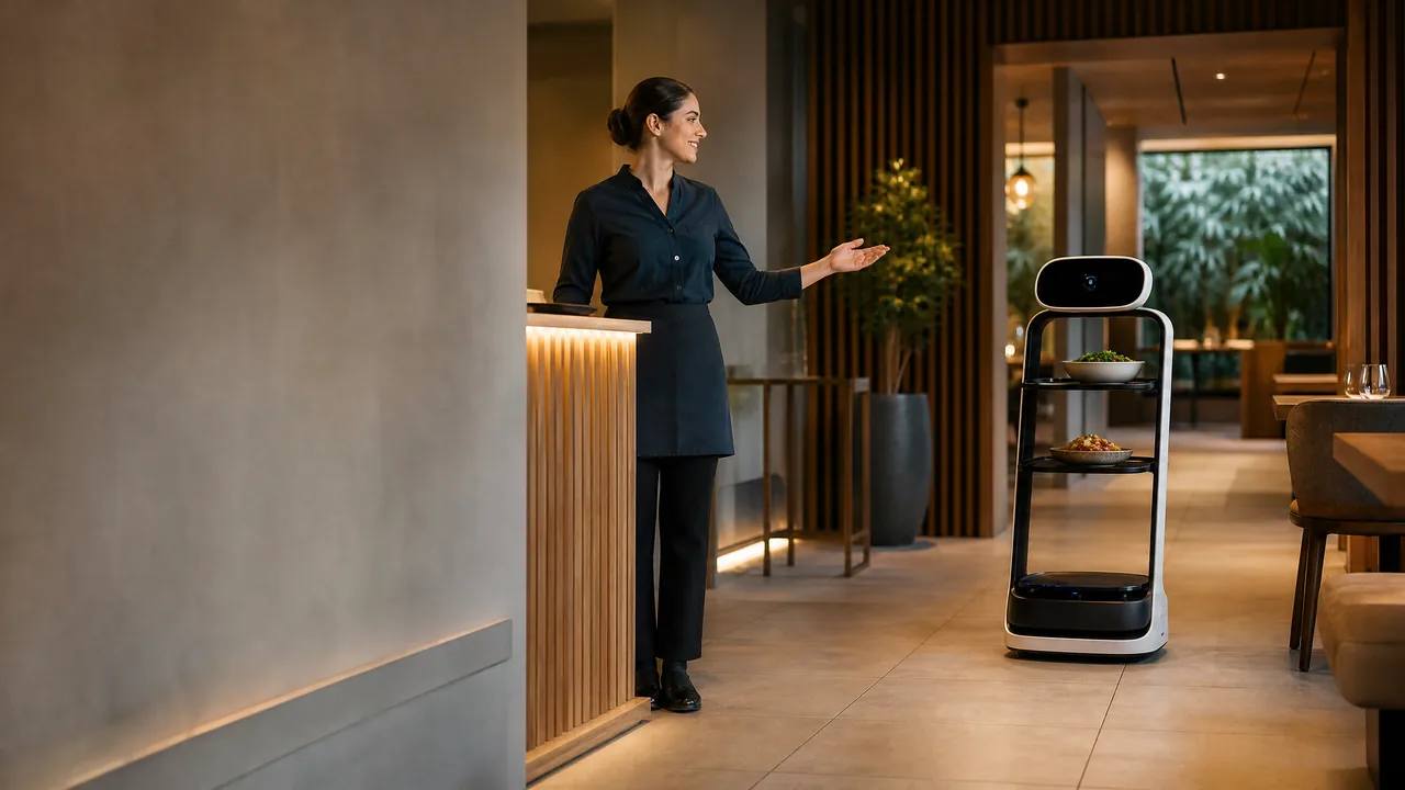 Robot camarero y equipo humano coordinando servicio entre cocina y sala