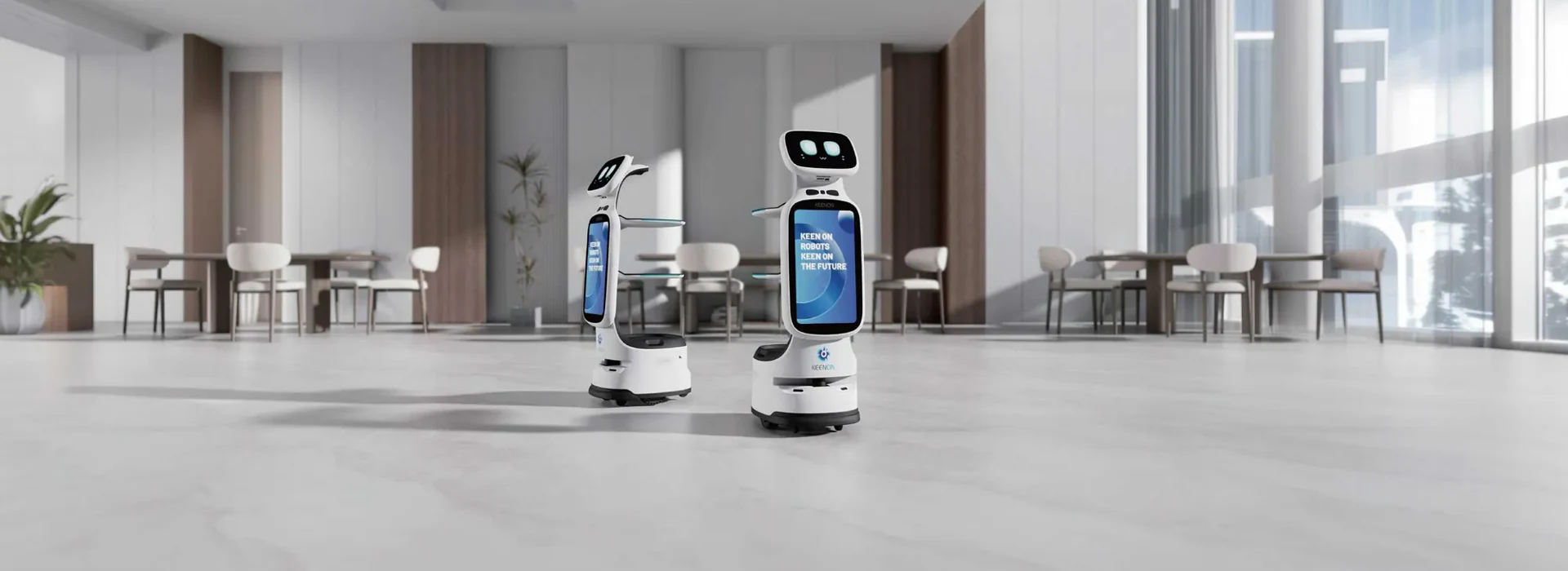 Dos robots camareros Keenon en la sala de un restaurante luminoso