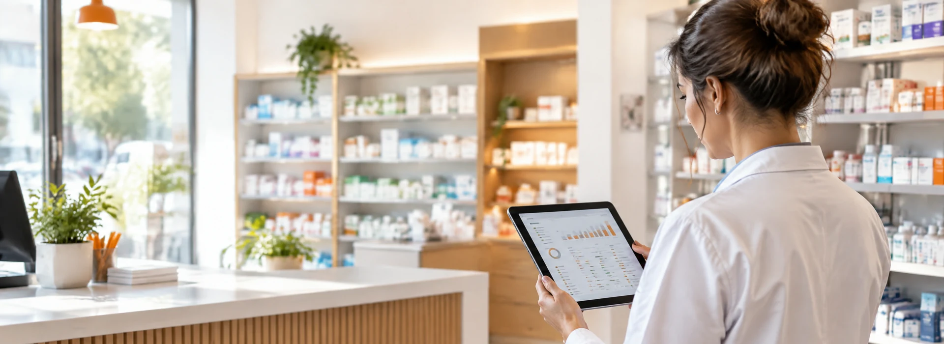 Farmacéutica revisando una propuesta de inventario y pedido en una oficina de farmacia