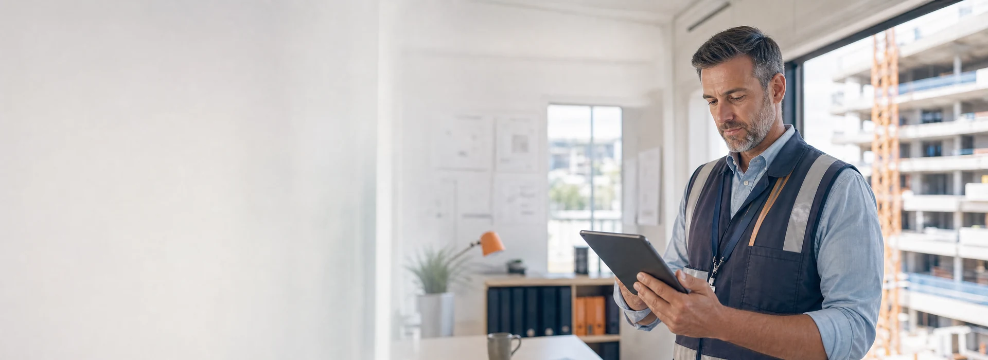 Responsable de proyecto revisando documentación de obra en una tablet