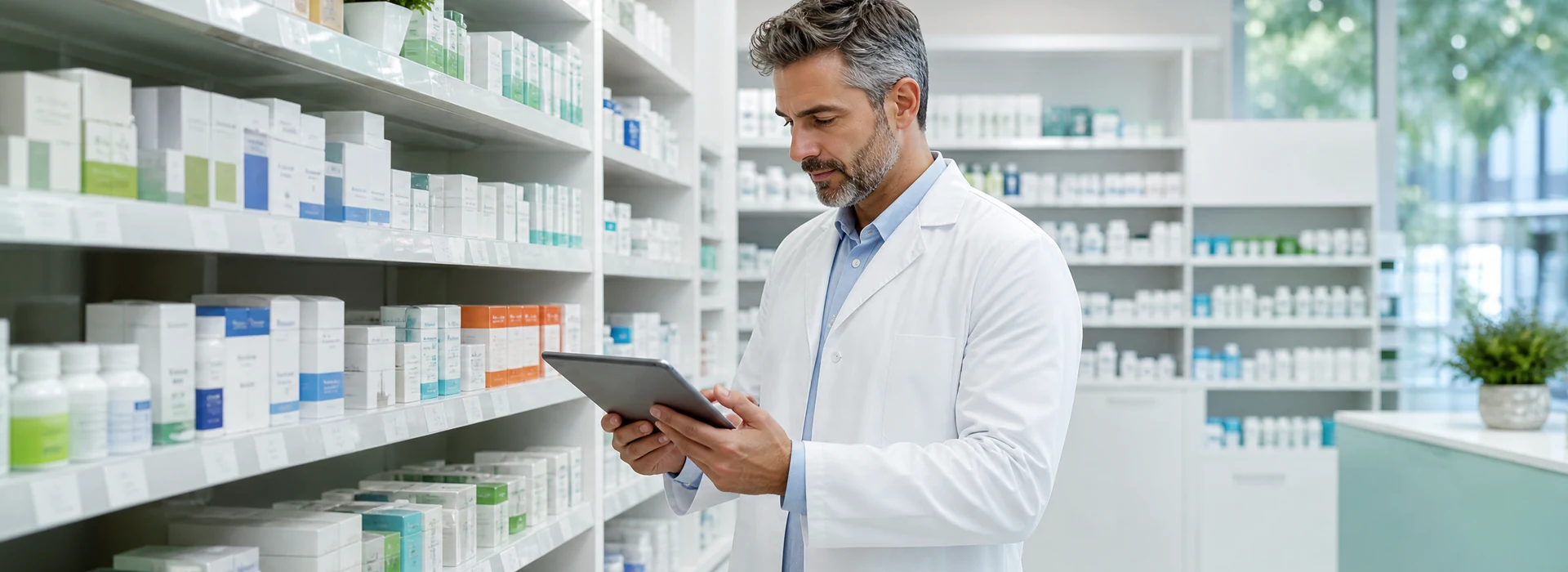 Farmacéutico revisando el stock de una farmacia con una tableta