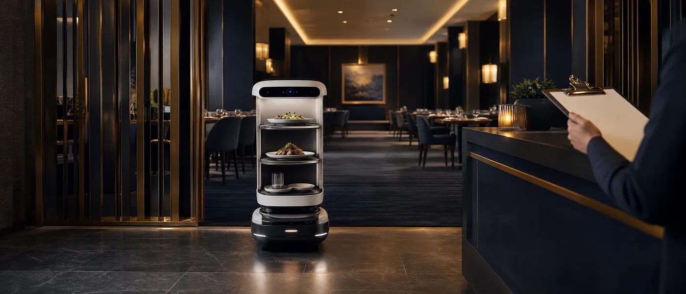 Robot de servicio y responsable revisando la preparación de un restaurante