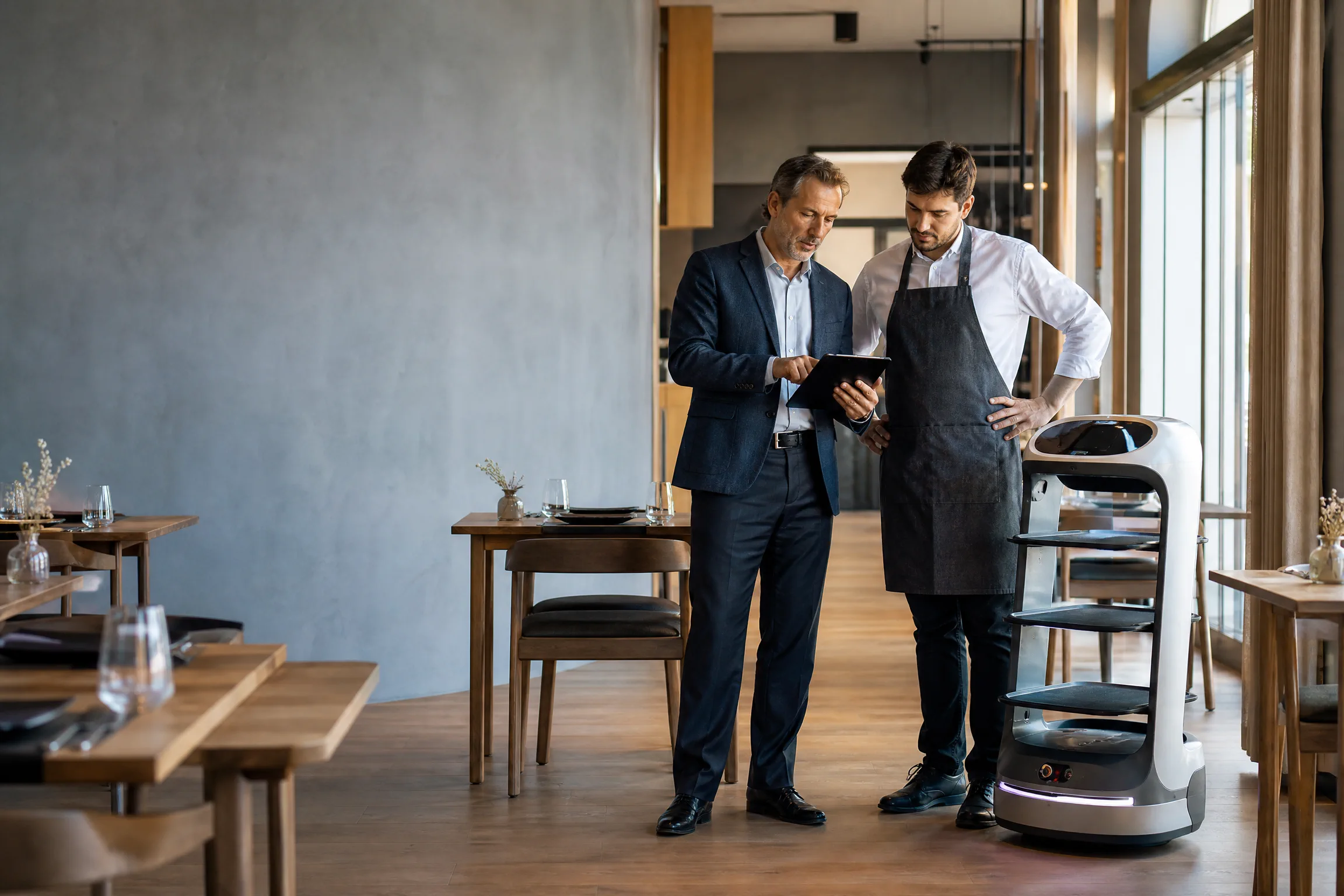 Robot de servicio y señalización de ruta durante una implantación en restaurante