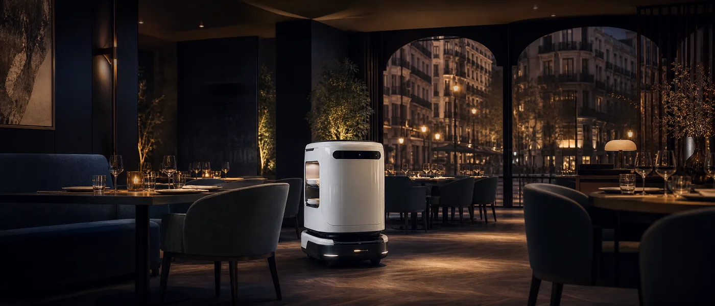 Robot camarero en un espacio de hostelería inspirado en Madrid