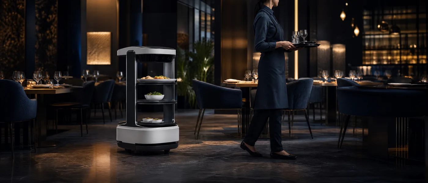 Profesional de sala y robot camarero colaborando en un restaurante