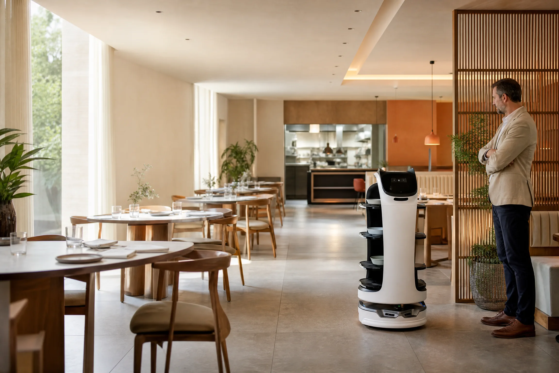 Robot camarero en diferentes zonas de servicio de un restaurante