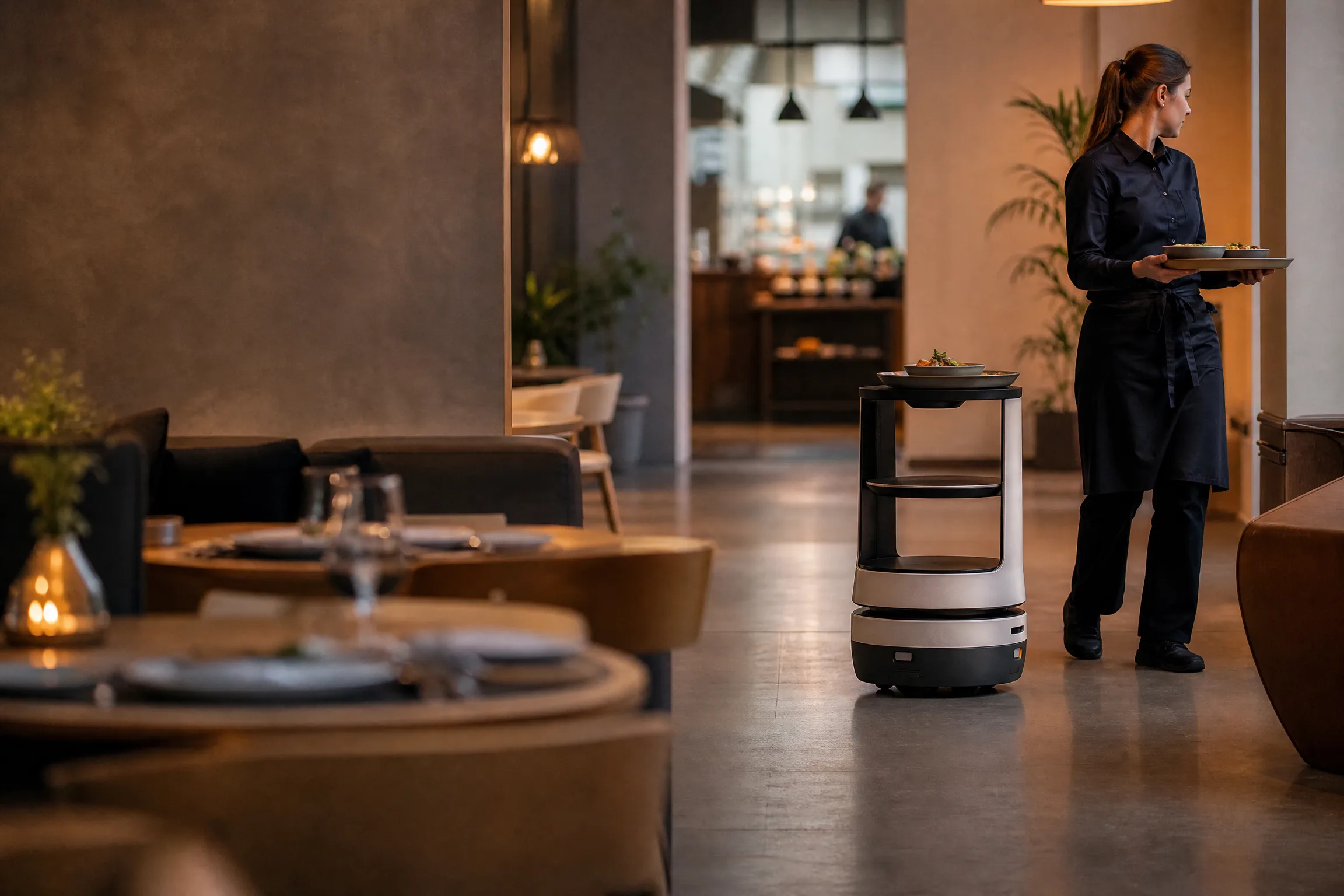 Robot camarero y equipo humano coordinando servicio entre cocina y sala