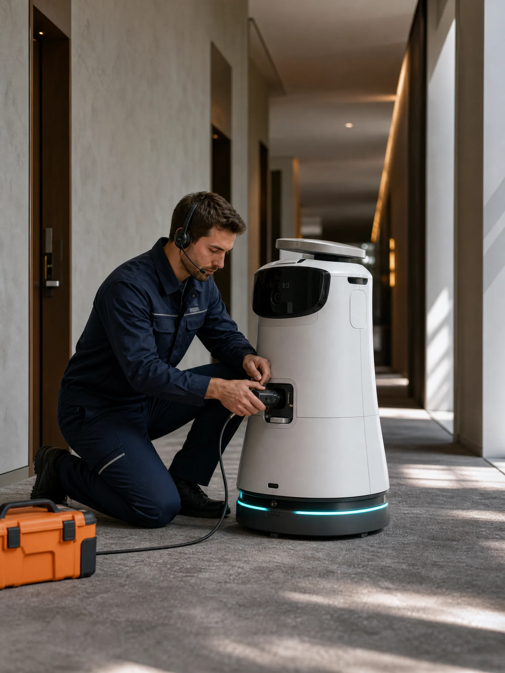 Técnico realizando mantenimiento de un robot de servicio en un hotel